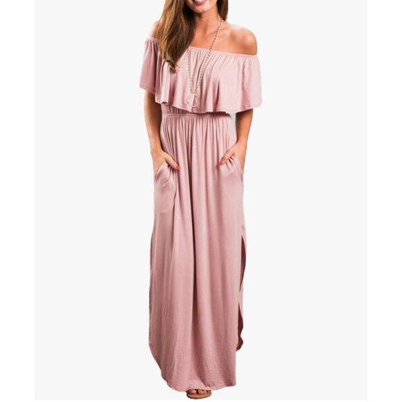 Off-Shoulder Maxi Dress XL Pink Lightweight Fabric Elegant Ruffle Detail Side Po - Picture 1 of 5